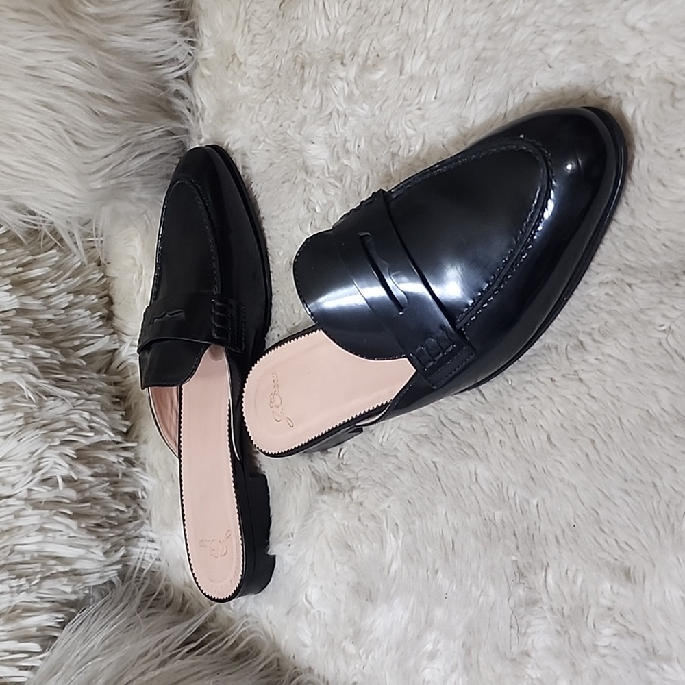 J. Crew Black Leather Penny Loafer Mules with Pink Insole